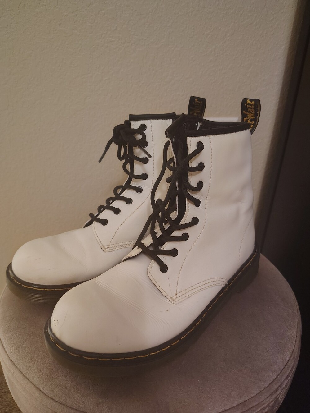 Dr  Martens White Lace-Up Combat Boots with Black Trim